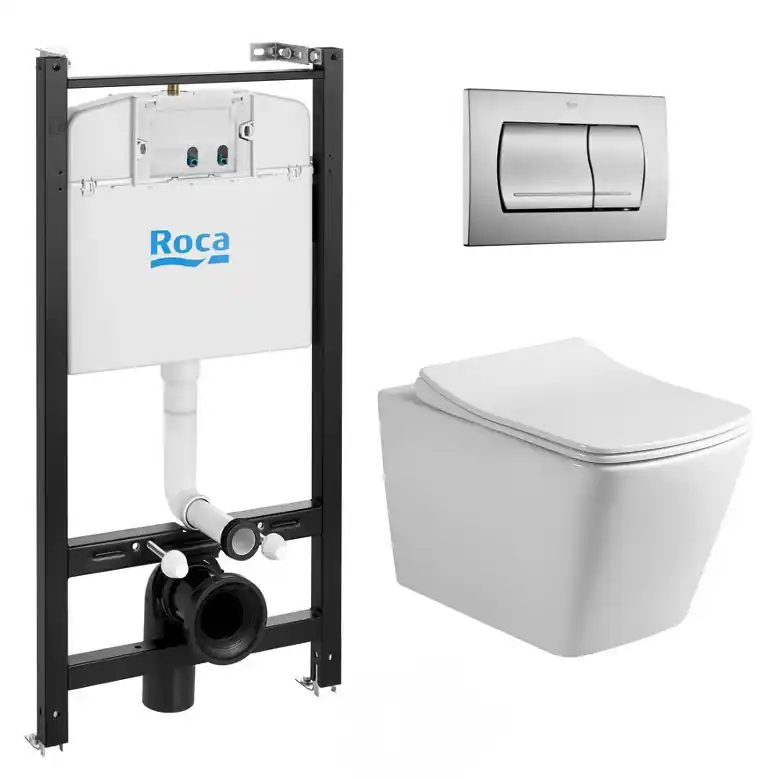 Pack Bâti-support Roca Active + WC sans bride Infinitio + plaque chrome mat (RocaActiveSquareInfinitio-2)
