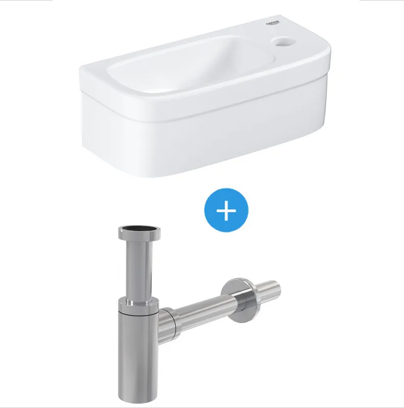 Ensemble Euro Ceramic Lave-mains 370 x 180 mm + Siphon Alca en métal Chromé (39327000-SET)