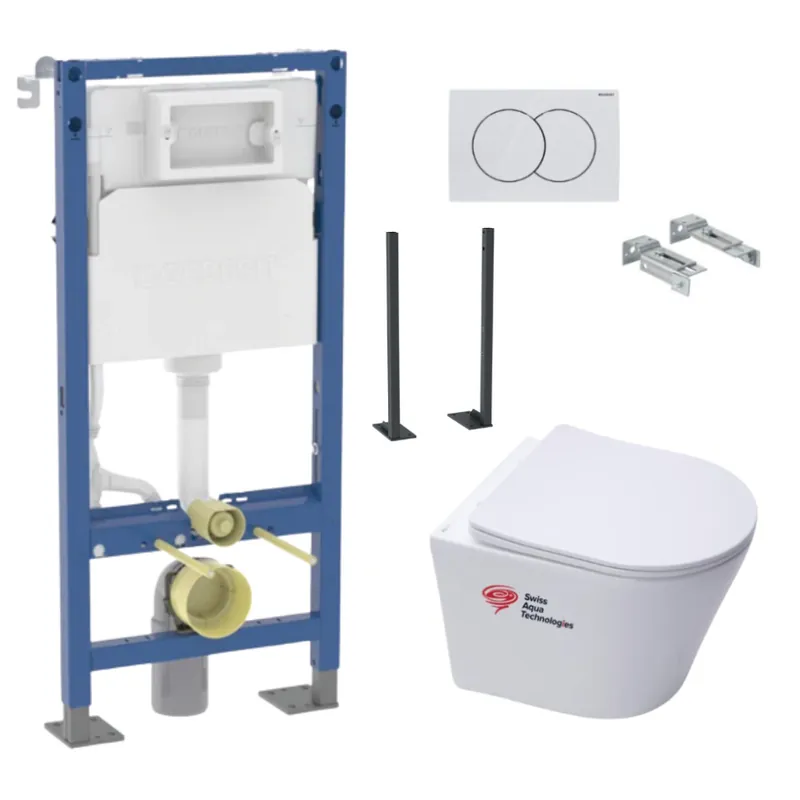 Pack Autoportant Bati-support Geberit + WC sans bride Swiss Aqua Technologies + Abattant softclose + Plaque (InfinitioGebX)