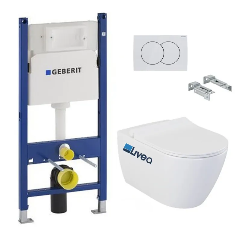 Pack WC Bati-support Geberit Duofix + Cuvette suspendue sans bride Livea Bello + Abattant soft close + Plaque Blanche (BelloGeb3