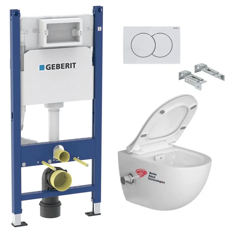 Pack WC Bati-support Geberit Duofix + WC sans bride SAT Infinitio avec fonction bidet thermostatique + Abattant softclose + Pla
