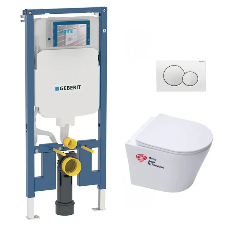 Pack WC Bati-support Geberit extra-plat + Cuvette Swiss Aqua Technologies Infinitio sans bride + Plaque blanche