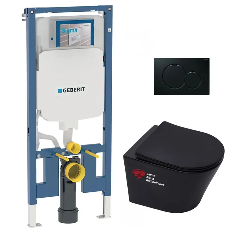 Pack WC bati-support Geberit + WC Swiss Aqua Technologies sans bride + abattant softclose + plaque (SLIMBLINFIASP)