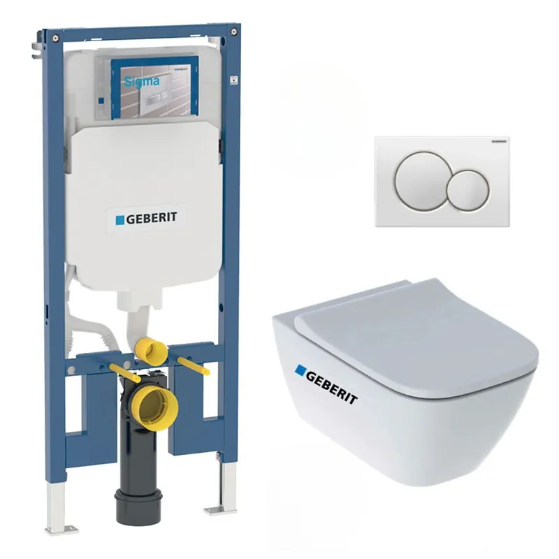 Pack WC Bati-support Geberit Duofix extra-plat + WC sans bride Geberit Smyle + Abattant softclose + Plaque blanche (SLIM-Smyle-B