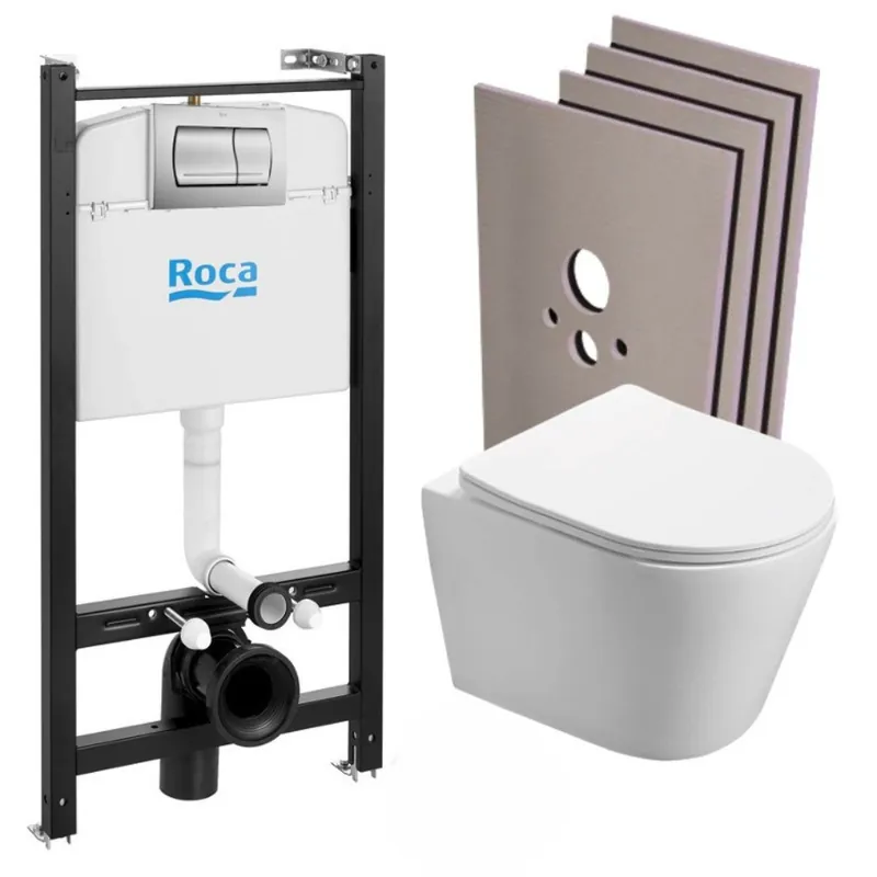 Pack Bâti-support Roca Active + WC suspendu Infinitio sans bride + plaque chrome mat + Set habillage