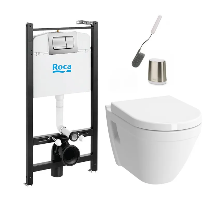 Pack Bâti-support Roca Active + WC suspendu Vitra + Abattant soft close + plaque chrome + brosse de toilette