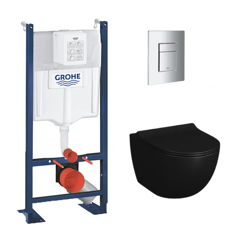 Pack WC Rapid SL autoportant NF + cuvette suspendue Vitra Black Sento sans bride + plaque chrome (ProjectBlackSento-1X)