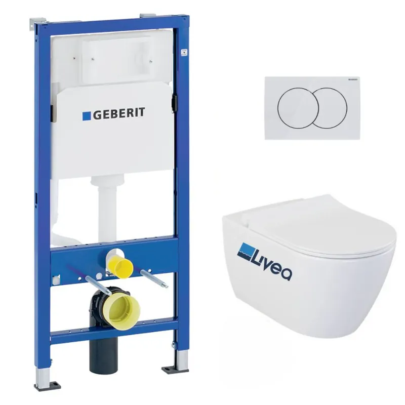 Pack WC Bati-support Geberit UP100 + WC sans bride Livea Bello + Abattant softclose + Plaque Blanc alpin ( Livea BelloGeb1)