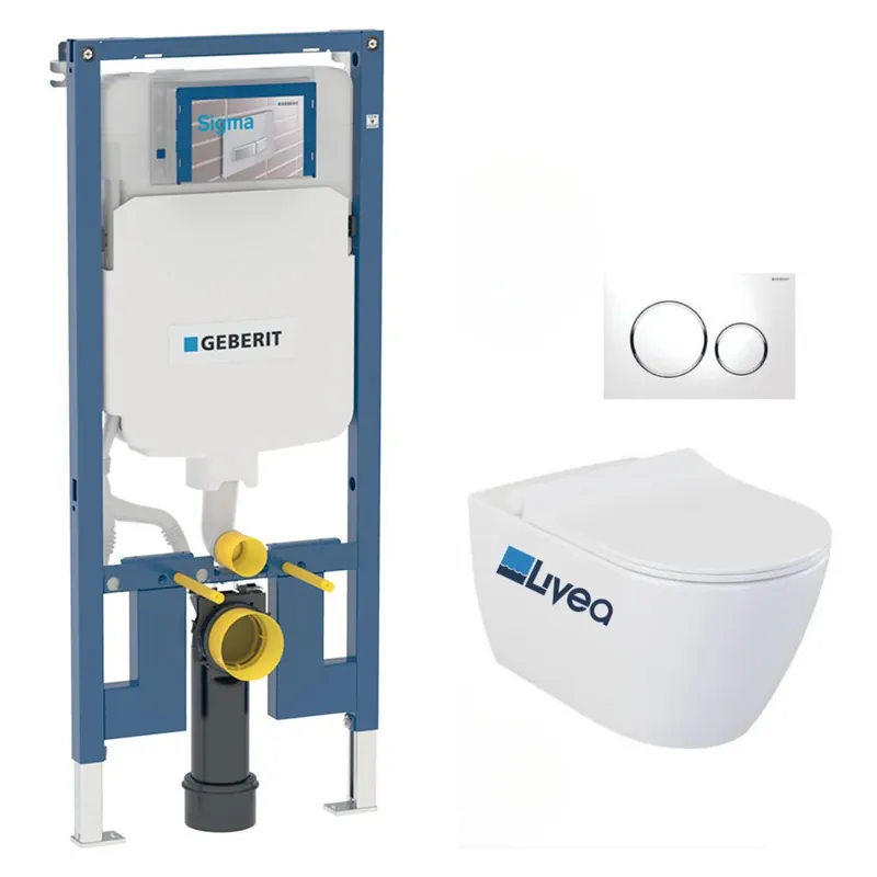 Pack WC Bati-support Geberit Duofix UP720 extra-plat + WC sans bride Livea Bello + Abattant softclose + Plaque blanche