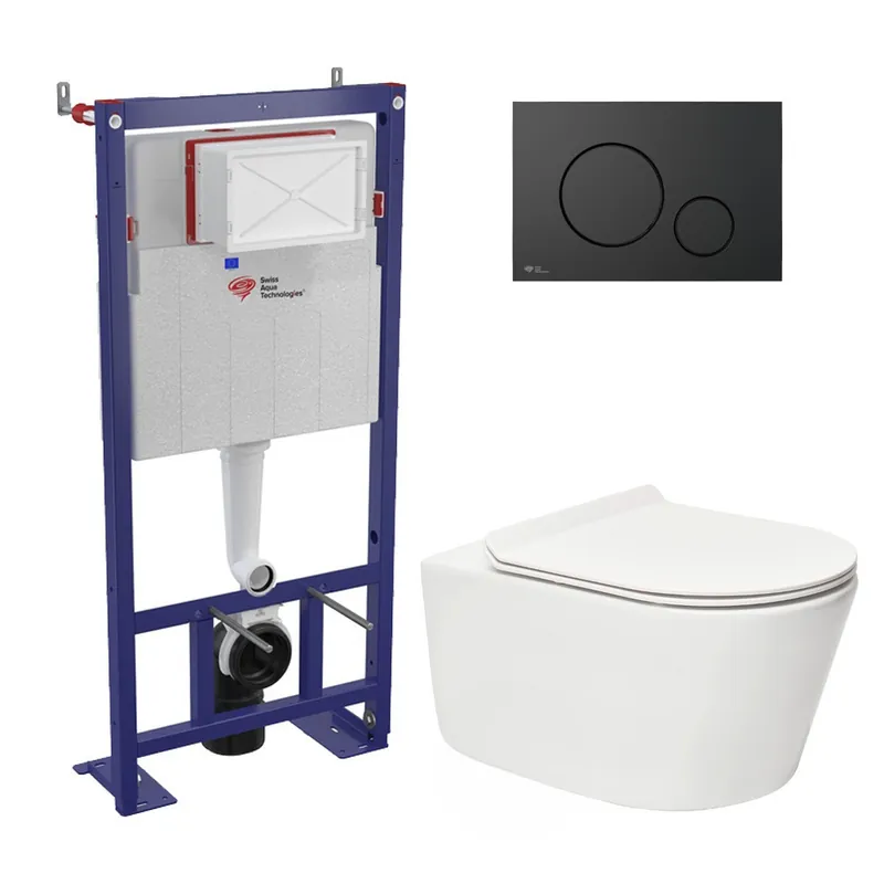 Pack WC bâti-autoportant + WC SAT sans bride fixations invisibles + Abattant softclose + Plaque noir mat