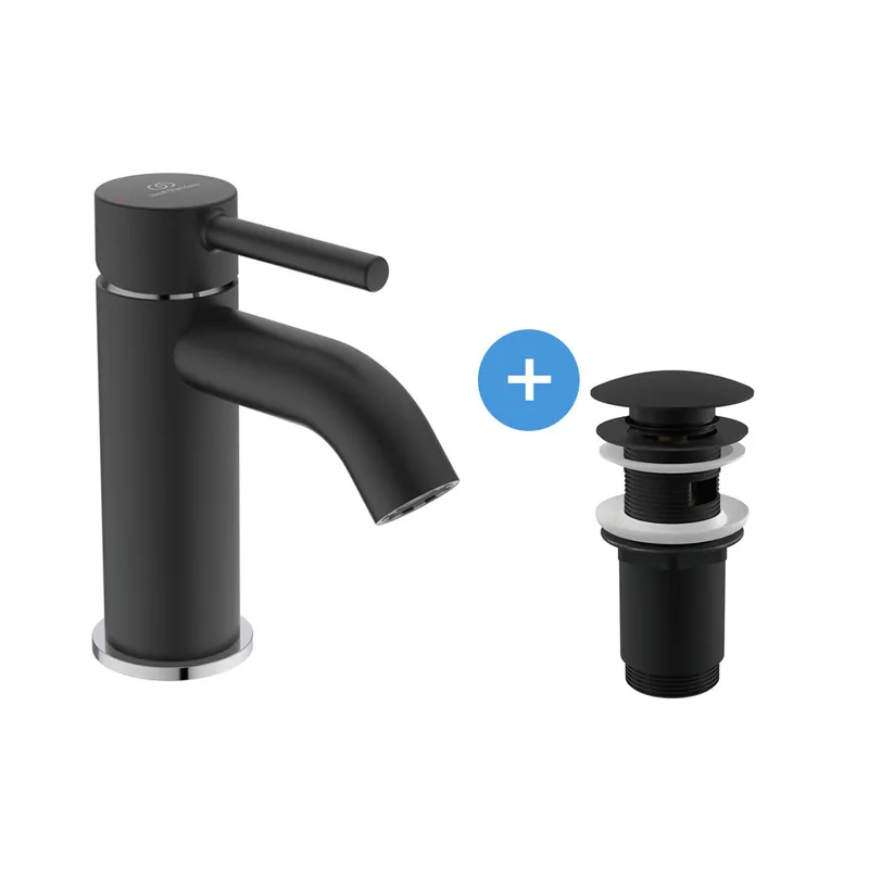 Set mitigeur lavabo monocommande + Bonde pour lavabo clic-clac 5/4, noir mat (BD026U4-CLICLAC)