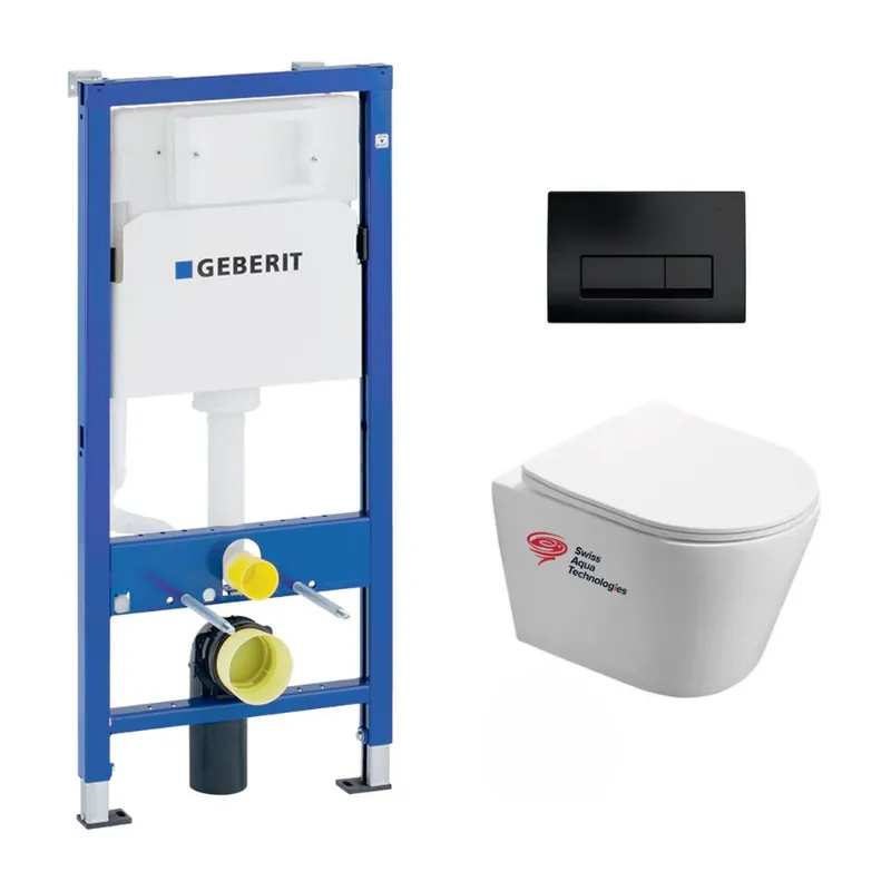 Pack WC Bati-support Geberit + WC Swiss Aqua Technologies Infinitio sans bride + plaque Delta 50 noir mat