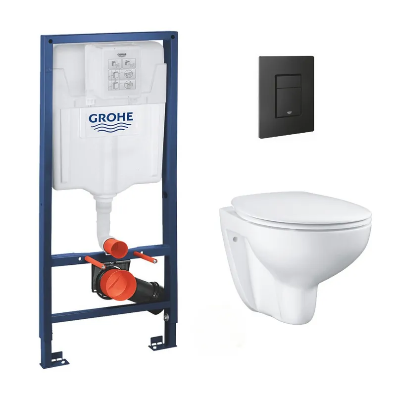 Pack WC Rapid SL + WC Bau Ceramic sans bride + Siège abattant SoftClose + Plaque de commande noir mat (RapidSL-Bau-KF0)