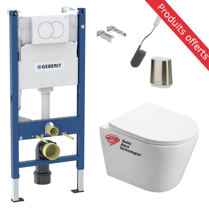 Pack WC sans bride Infinitio + Abattant softclose slim + Bâti Geberit UP100 + Plaque blanche + Brosse Joseph Joseph OFFERTE