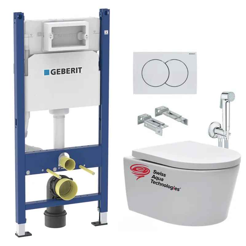 Pack WC sans bride SAT, fixations invisibles + Abattant softclose + Bâti support Geberit UP100 + Plaque + Douchette Grohe