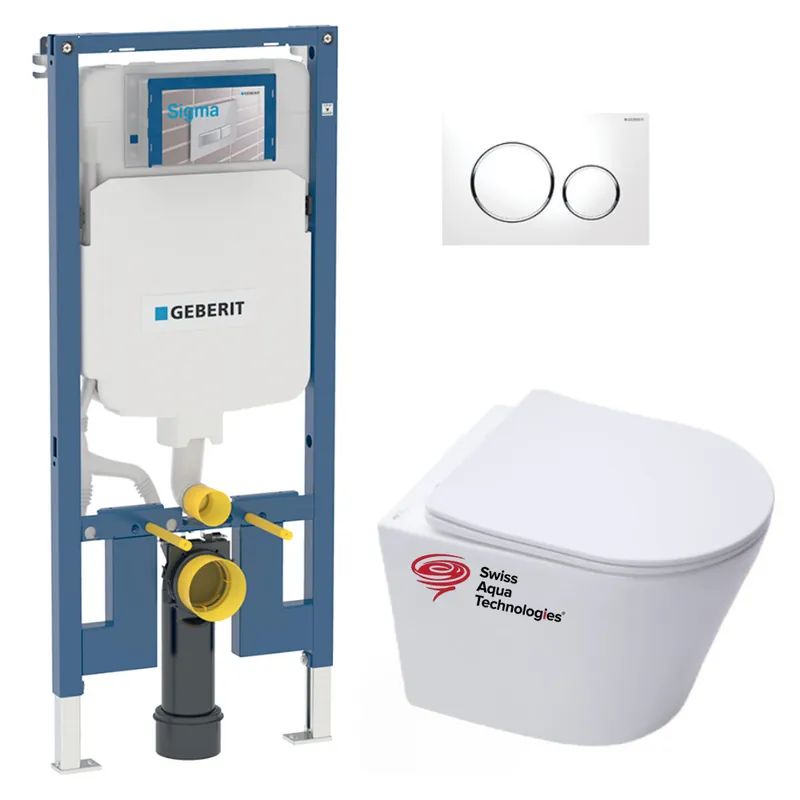 Pack WC sans bride Infinitio + Abattant softclose slim + Bâti support Geberit Extra-plat UP720 + Plaque Blanche