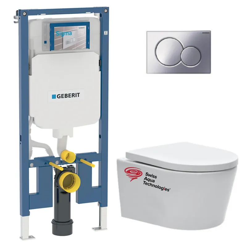 Pack WC sans bride SAT, fixations invisibles + Abattant softclose + Bâti support Geberit Extra-plat UP720 + Plaque Chrome