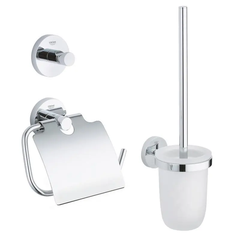 Essentials Set d’accessoires 3 en 1 Patère murale + Brosse WC et support + Support papier-toilette, chrome (40407001)