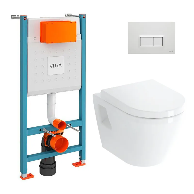 Pack WC Bâti-support V-Fix Core + WC Vitra Integra + Abattant en Duroplast + Plaque, Blanc Brillant (V-FixIntegraClassic-1)