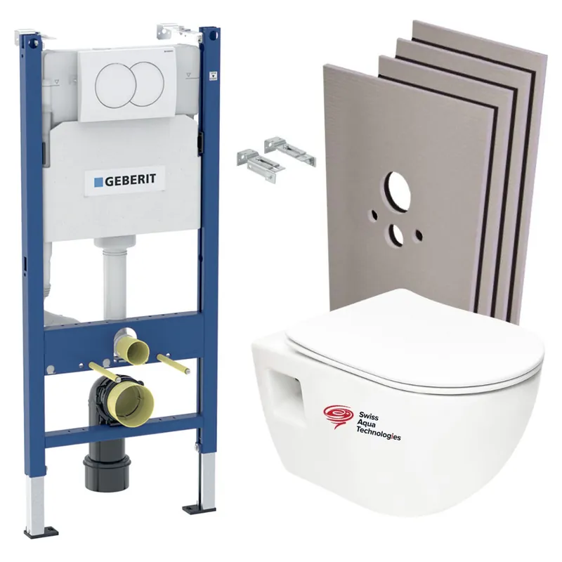Pack WC Bati Geberit + WC sans bride Swiss Aqua Technologies + Abattant SoftClose + Plaque + habillage (ProjectGeb3-sabo
