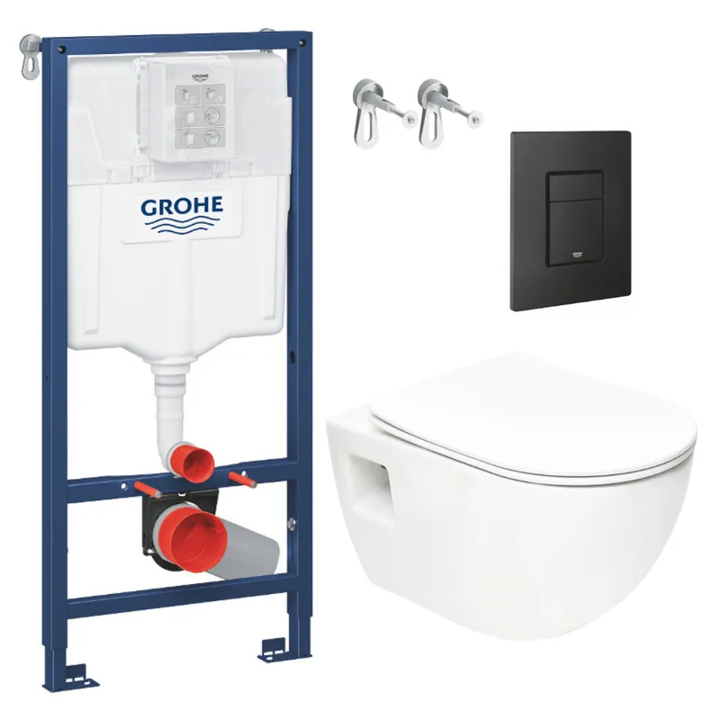 Pack WC Bâti-support Rapid SL + WC sans bride SAT + Abattant SoftClose + Plaque Noir mat (RapidSL-Project-KF0)