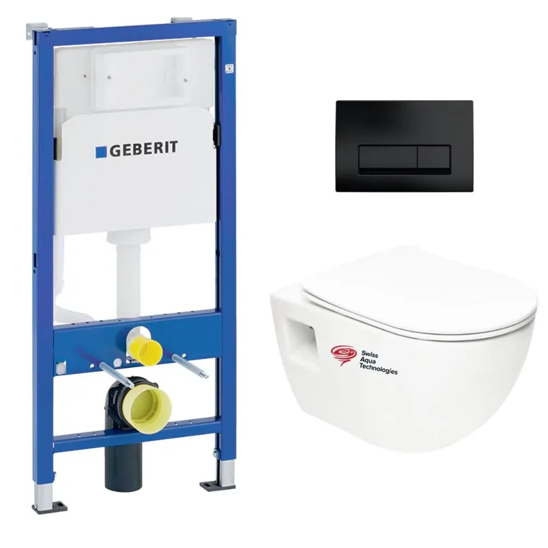 Pack Bâti-support Geberit + WC sans bride Swiss Aqua Technologies + abattant SoftClose + plaque noir mat (ProjectGeb10)