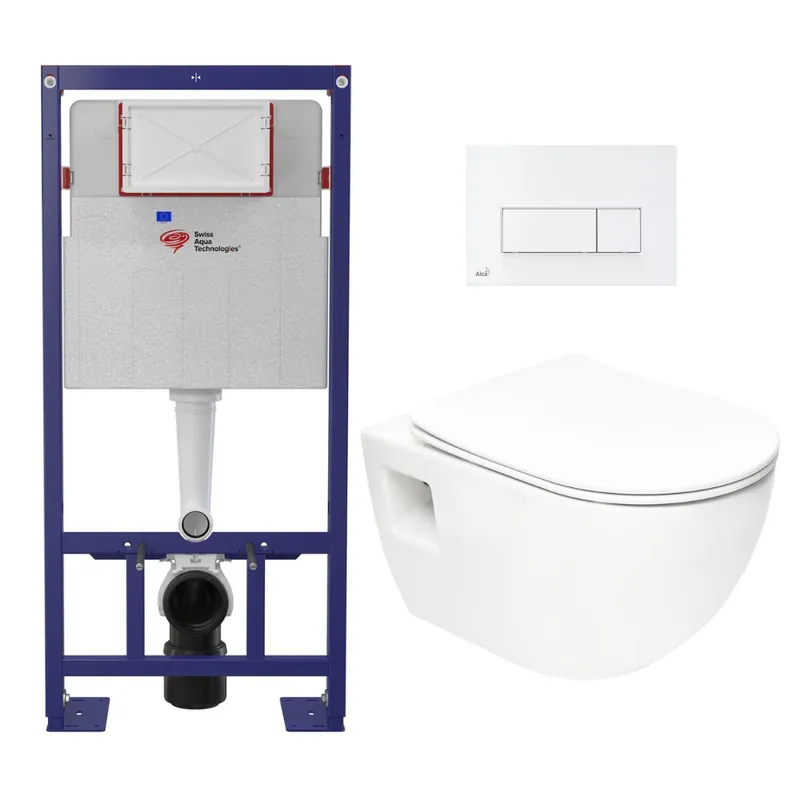 Pack WC Bâti-support Autoportant + WC sans bride SAT + Abattant SoftClose + Plaque Blanche (SMART-Project-4)
