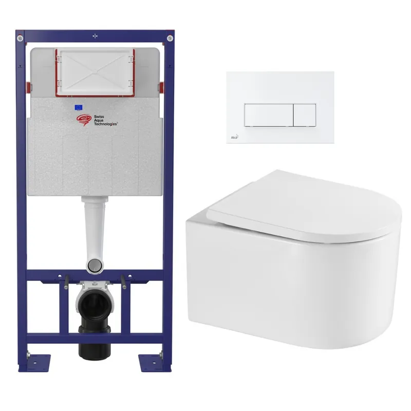 Pack WC Bâti-support Autoportant + WC sans bride SAT Delano + Abattant SoftClose + Plaque Blanche (SMART-Delano-4)