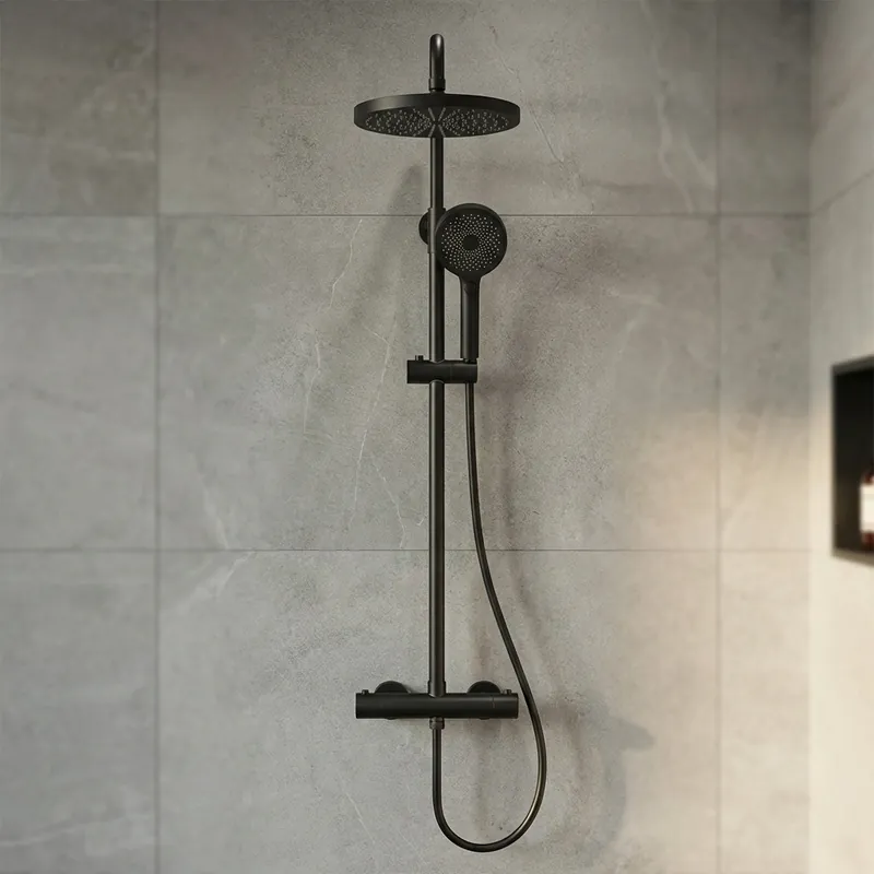 Colonne de douche XXL 250 avec mitigeur thermostatique, Douchette 3 jets, noir mat (SATSSTKEC)