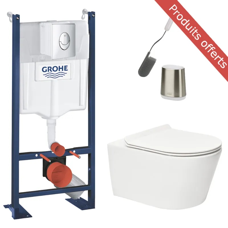 Pack WC Bâti autoportant + WC sans bride SAT Brevis + Abattant SoftClose + Plaque Chrome + Brosse Joseph Joseph OFFERTE