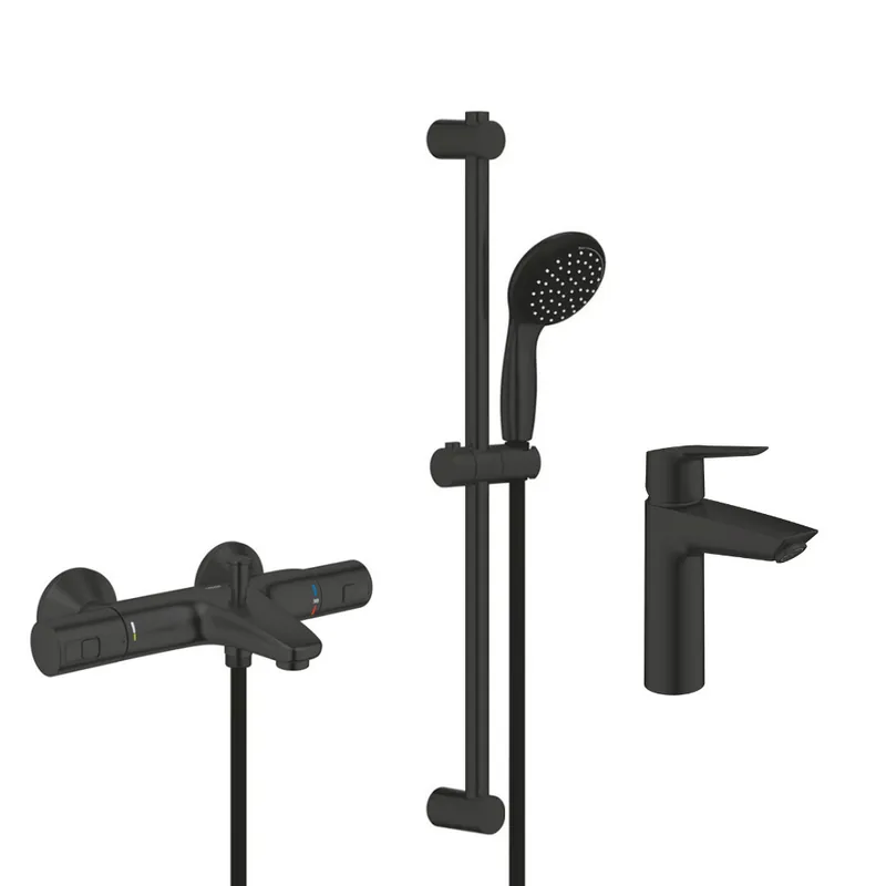 Set de douche mitigeur bain/douche thermostatique + Douchette 2 jets + Barre 600 mm + Mitigeur lavabo taille M, noir mat