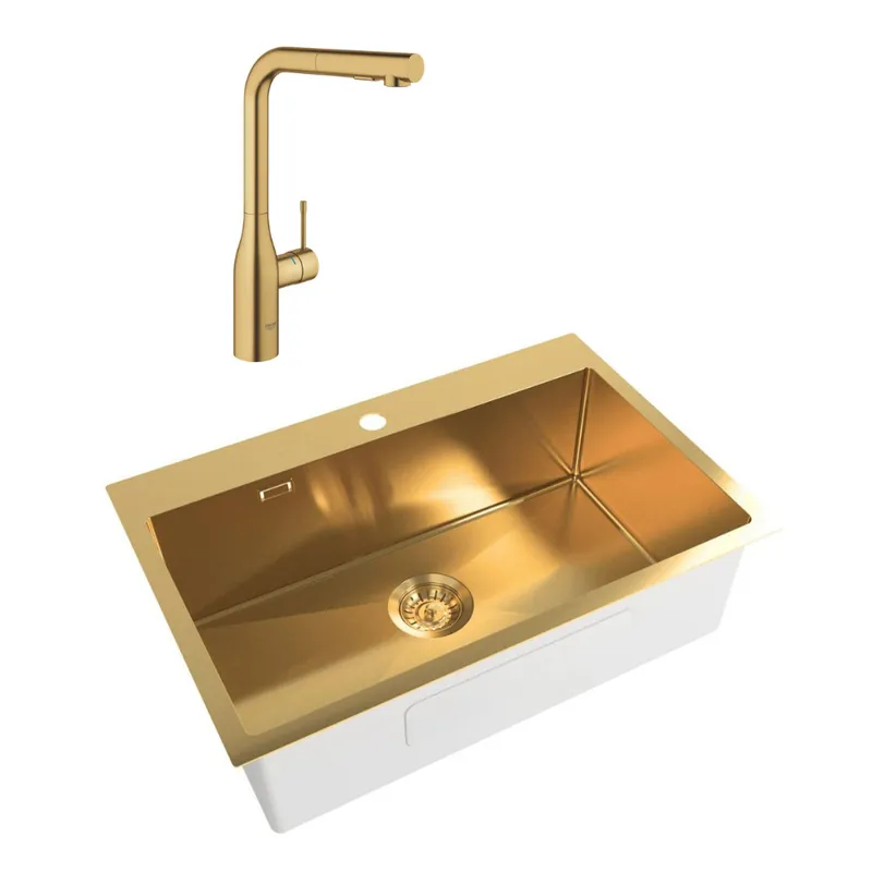 /Grohe - Set Aurum Évier de cuisine encastrable inox 304 , 68x45x21 cm + Essence Mitigeur monocommande Evier, Or brossé PVD