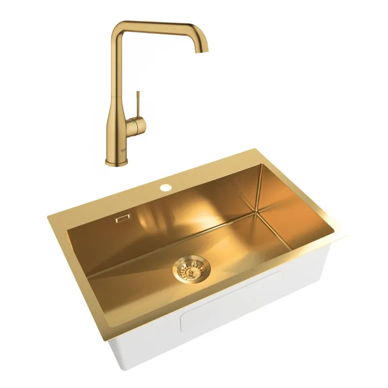 /Grohe - Set Aurum Évier de cuisine encastrable inox 304 , 68x45x21 cm + Mitigeur monocommande Evier, Or brossé