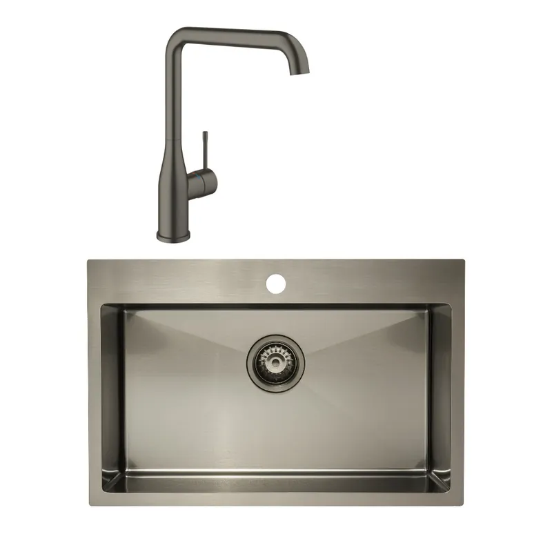 /Grohe, Set Aurum Évier de cuisine encastrable inox, 68x45x21 cm + Essence Mitigeur monocommande, Gun Metal brossé