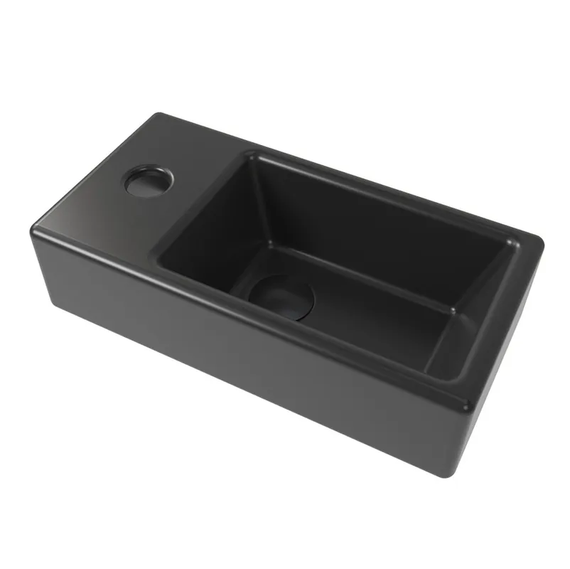 Brevis Lave-mains suspendu Noir mat avec trou pour robinetterie à gauche, 40,5x20,5x10,5cm + Bonde