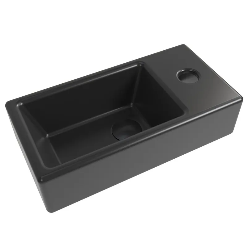 Brevis Lave-mains suspendu Noir mat avec trou pour robinetterie à droite, 40,5x20,5x10,5cm + Bonde