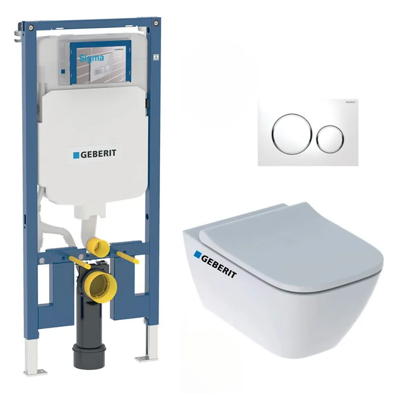 Pack WC Bati-support Geberit Duofix extra-plat + WC sans bride Geberit Smyle + Abattant softclose + Plaque blanche (SLIM-Smyle-C