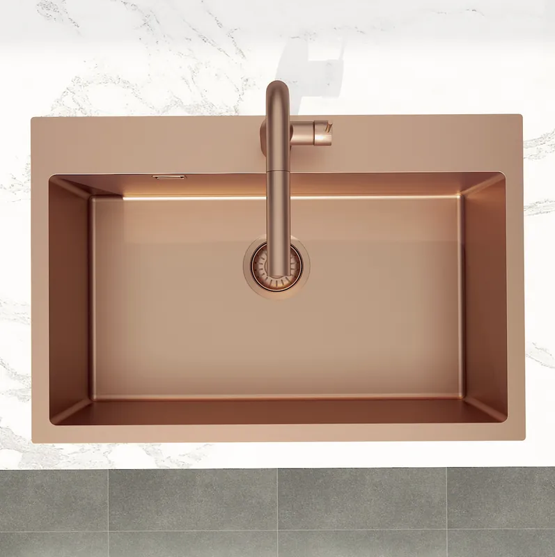 Swiss Aqua Technologies Aurum Évier de cuisine encastrable inox 304, 1 bac, 68x45x21 cm, Cuivre brossé PVD