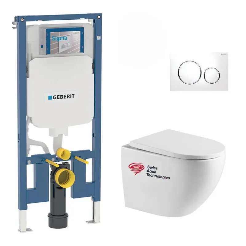 Pack WC Bati-support Geberit extra-plat + WC sans bride Swiss Aqua Technologies+ Plaque