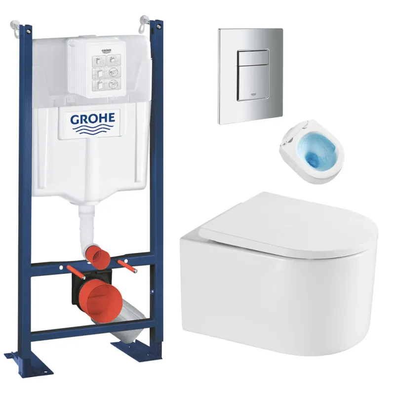 Pack WC Bâti autoportant + WC sans bride SAT + Abattant SoftClose + Plaque Chrome (ProjectDelanoTQ-1)