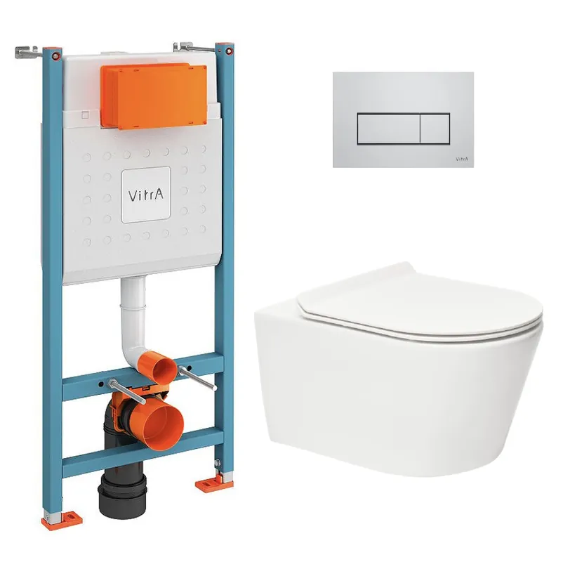 Pack WC Bâti-support Vitra V-Fix Core + WC sans bride SAT Brevis + Plaque Chrome brillant (V-FixBrevis-8)
