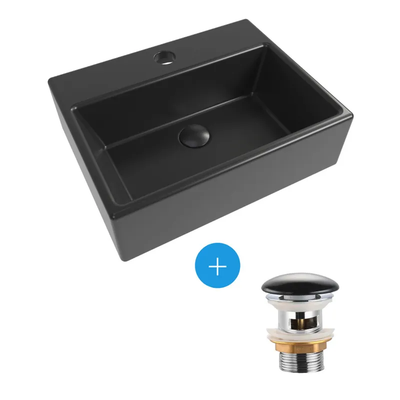 Brevis Lave-mains suspendu avec trou pour robinetterie au milieu, 38,5x30,5x10,5cm + Bonde, Noir mat (SATBRE3830SBKM-SET3)