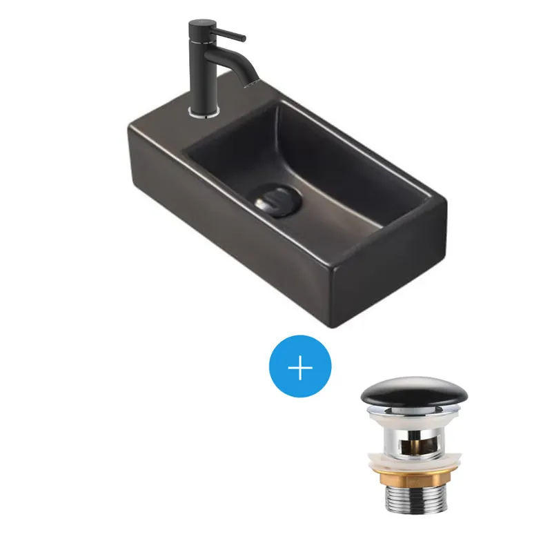 Brevis Lave-mains suspendu, 40,5x20,5x10,5cm + Mitigeur Monocommande Lavabo + Bonde, Noir mat (SATBRE4020SLBKM-SET4)