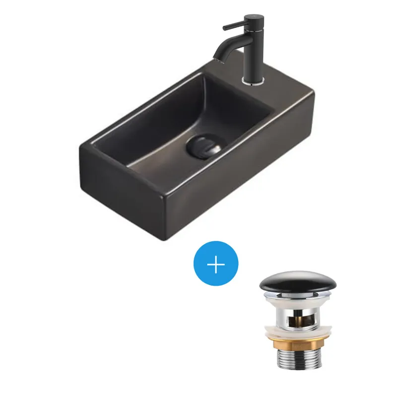 Brevis Lave-mains suspendu, 40,5x20,5x10,5cm + Mitigeur Monocommande Lavabo + Bonde, Noir mat (SATBRE4020SRBKM-SET4)