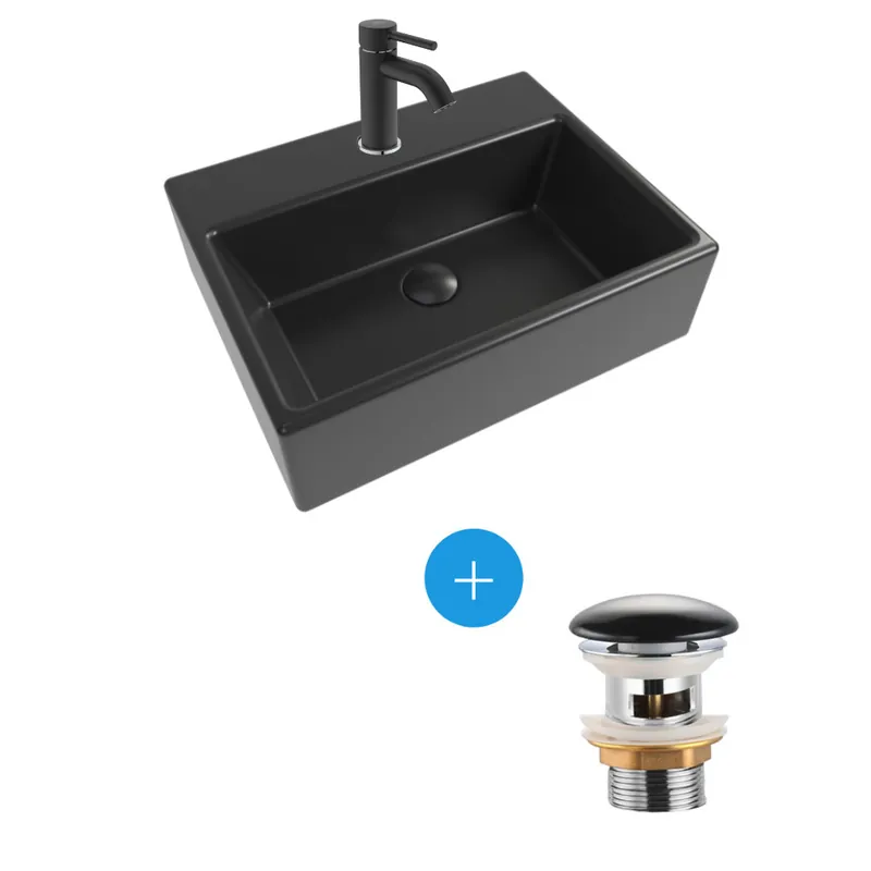 Brevis Lave-mains suspendu, 38,5x30,5x10,5cm + Mitigeur Monocommande Lavabo + Bonde, Noir mat (SATBRE3830SBKM-SET4)