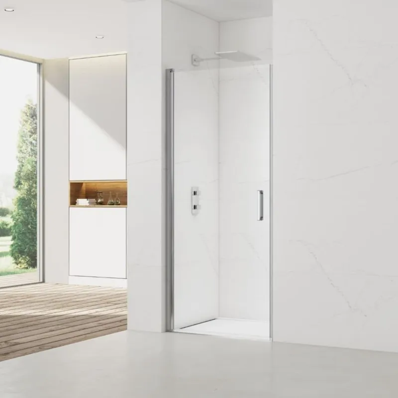 Fusion ensemble porte pivotante /paroi 100x100cm anticalcaire avec profilés chrome brillant (SATFUD100S100)