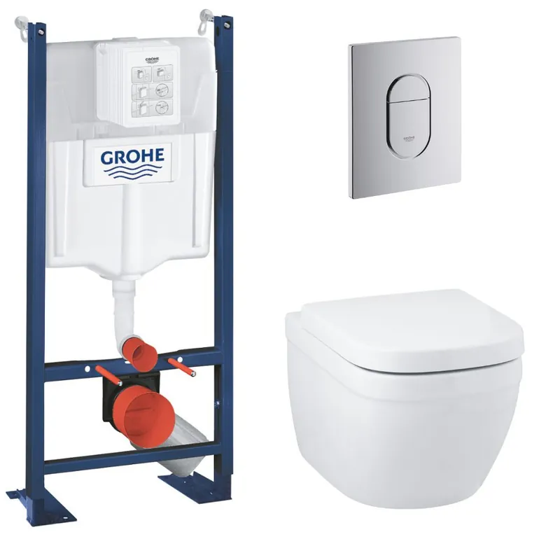 Pack WC Bâti support Grohe Rapid SL + Cuvette sans bride Grohe Euro Ceramic, Blanc + plaque de déclenchement Chrome (39536000)