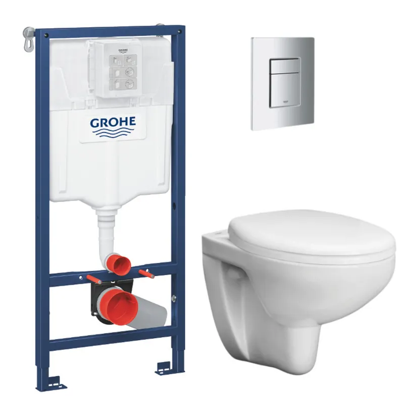 Pack WC Bâti support Grohe Rapid SL + Cuvette sans bride Grohe Bau Ceramic, Blanc + plaque de déclenchement Chrome (39586000)