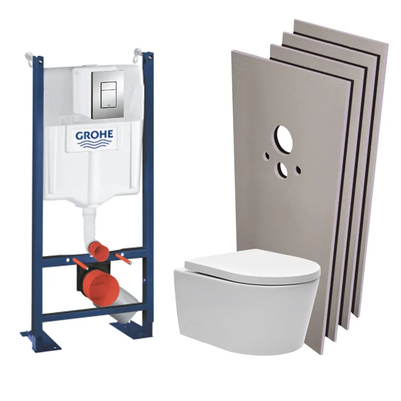 Pack WC bâti autoportant + WC Swiss Aqua Technologies sans bride + Plaque chrome + Set habillage