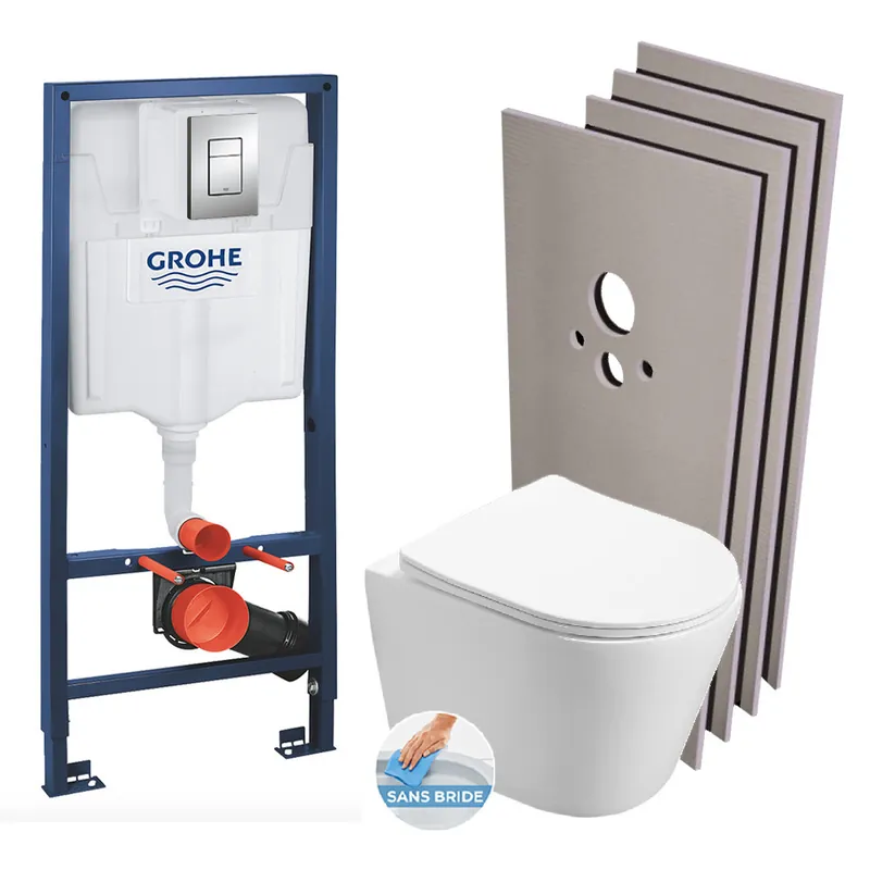 Pack WC Bâti-support + WC SAT Infinitio sans bride, fixation invisible + Plaque chrome + Set d‘habillage